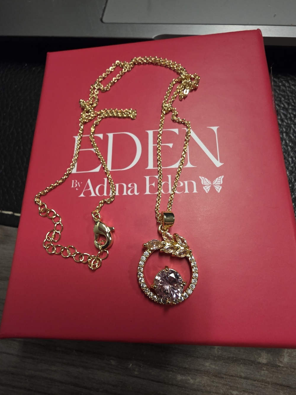 Adina Eden Gold Necklace with Pink Crystal Halo Pendant